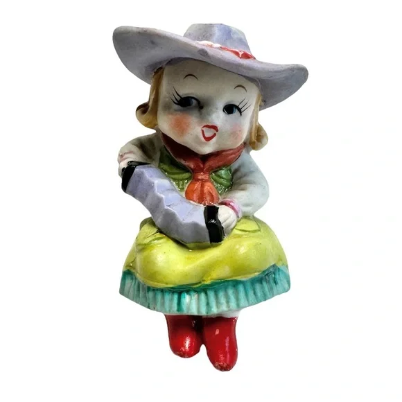 Vntg Singing Cowgirl Playing Accordion Hat Kitchy Shelf Sitter Figurine Japan - Picture 1 of 8